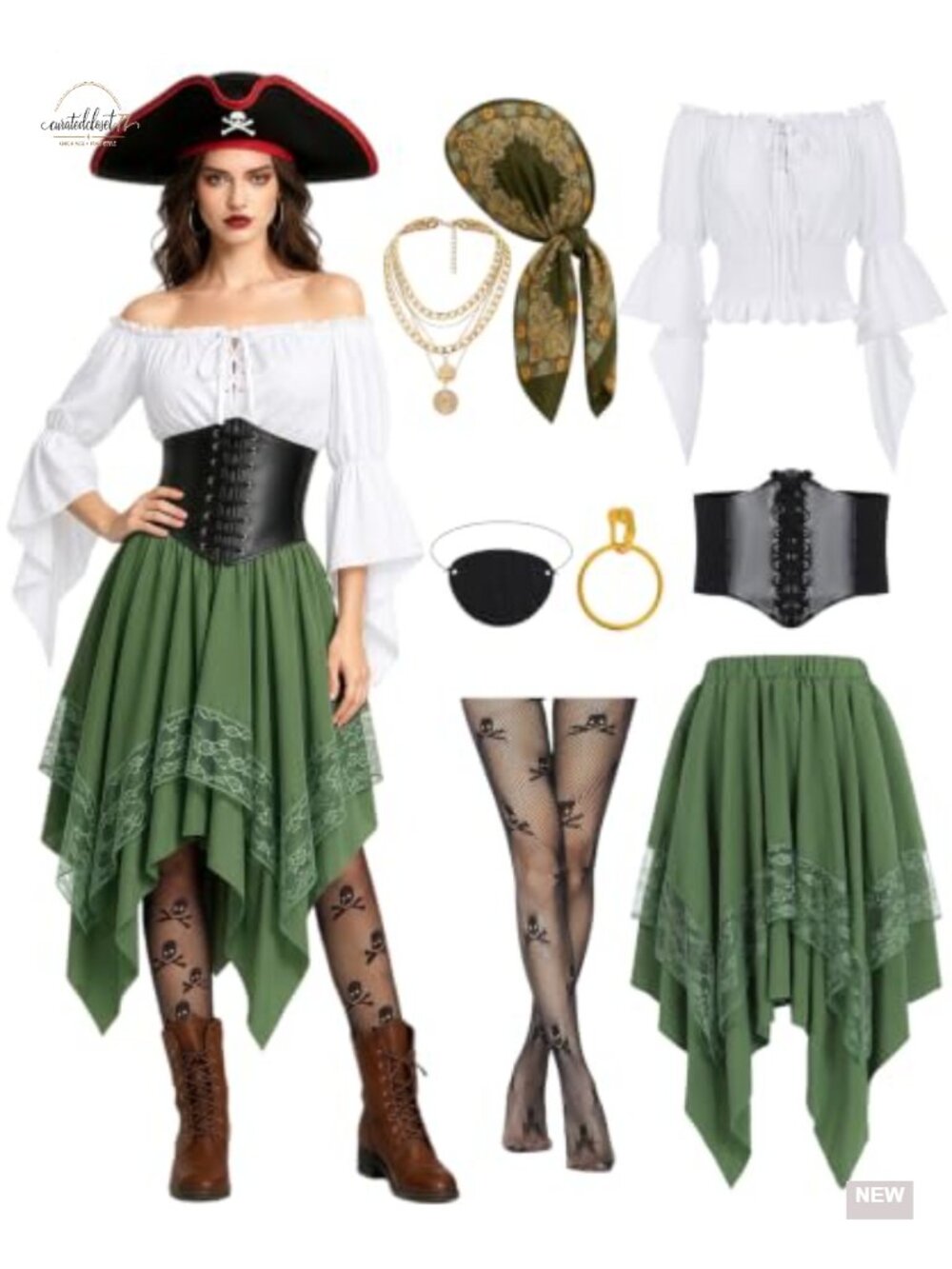 8pc Women Pirate Costume Set Corset Dress Halloween Cosplay Outfit